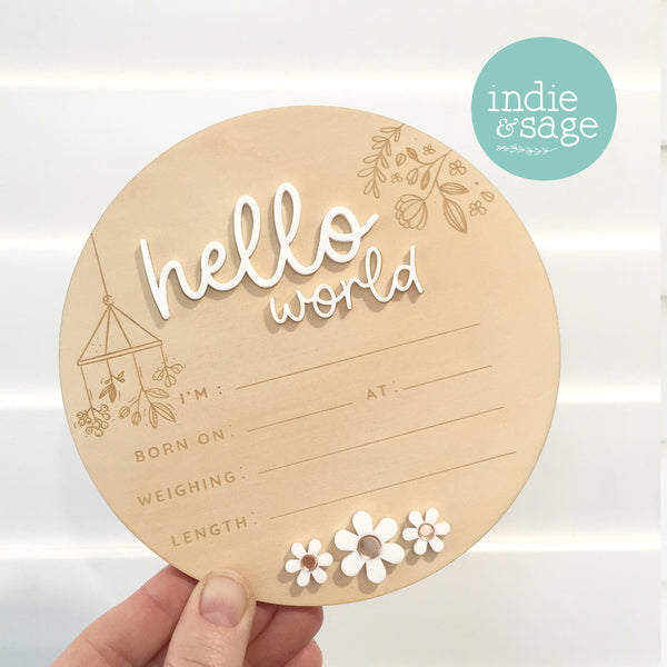 Hello World Birth Announcent Plaque - nature mobile and daisy design.