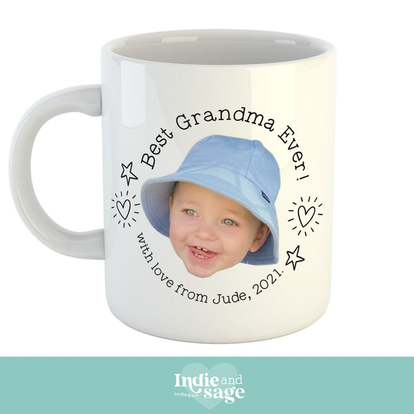 Best Grandma Ever! Personalised Photo Mug, personalised with your message and photo! (Baby Face Photo Mug)