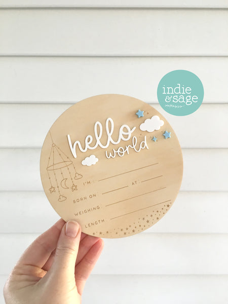 Hello World Birth Announcent Plaque - Mobile, cloud and star design