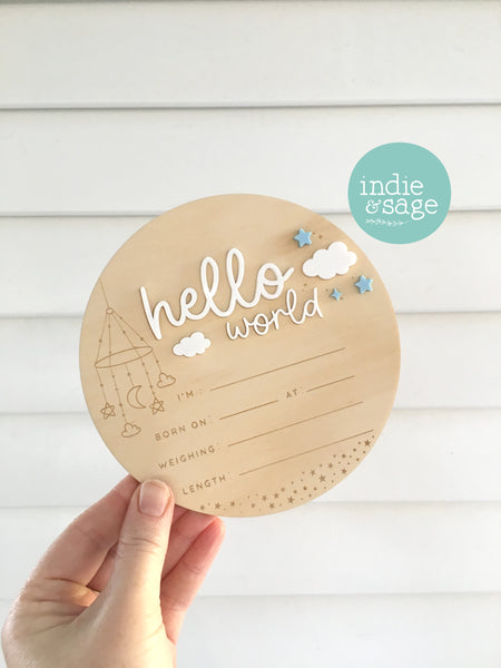 Hello World Birth Announcent Plaque - Mobile, cloud and star design