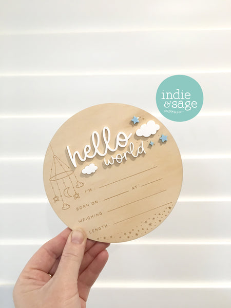 Hello World Birth Announcent Plaque - Mobile, cloud and star design