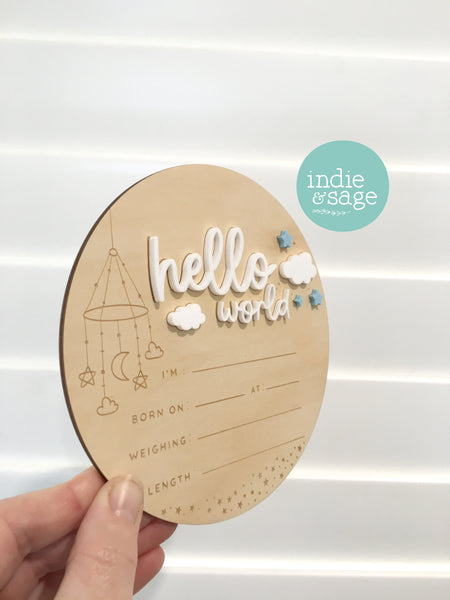Hello World Birth Announcent Plaque - Mobile, cloud and star design