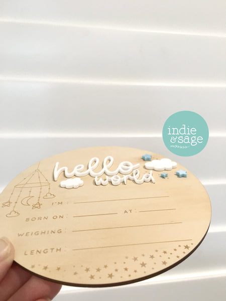 Hello World Birth Announcent Plaque - Mobile, cloud and star design