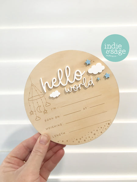 Hello World Birth Announcent Plaque - Mobile, cloud and star design