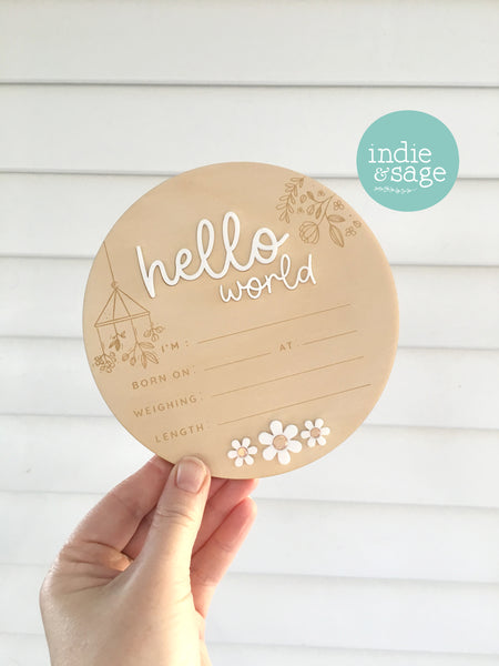 Hello World Birth Announcent Plaque - nature mobile and daisy design.