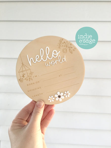 Hello World Birth Announcent Plaque - nature mobile and daisy design.