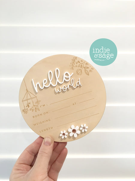 Hello World Birth Announcent Plaque - nature mobile and daisy design.