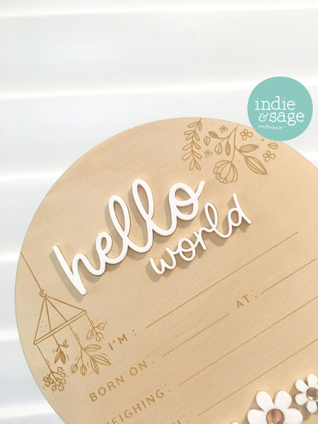 Hello World Birth Announcent Plaque - nature mobile and daisy design.