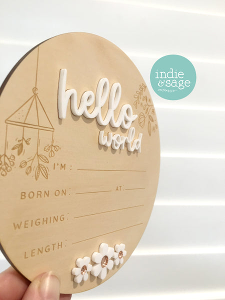 Hello World Birth Announcent Plaque - nature mobile and daisy design.