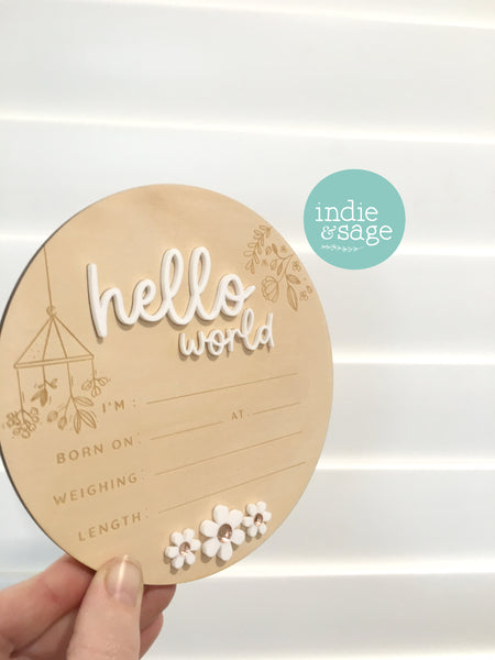 Hello World Birth Announcent Plaque - nature mobile and daisy design.