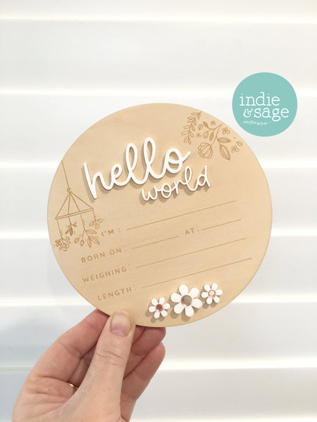 Hello World Birth Announcent Plaque - nature mobile and daisy design.