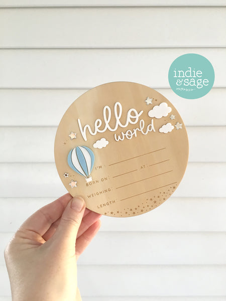 Hello World Birth Announcent Plaque - Up in the clouds design (blue hot hair balloon)