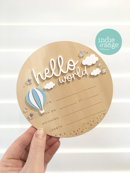 Hello World Birth Announcent Plaque - Up in the clouds design (blue hot hair balloon)