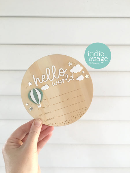 Hello World Birth Announcent Plaque - Up in the clouds design (green hot hair balloon)