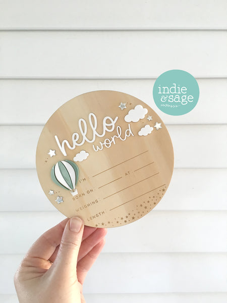 Hello World Birth Announcent Plaque - Up in the clouds design (green hot hair balloon)