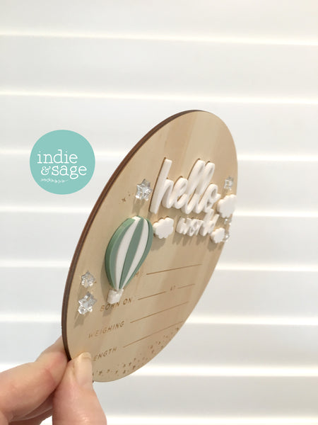 Hello World Birth Announcent Plaque - Up in the clouds design (green hot hair balloon)