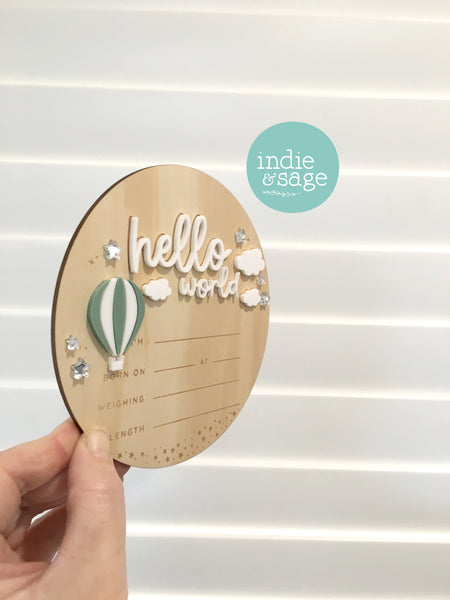 Hello World Birth Announcent Plaque - Up in the clouds design (green hot hair balloon)