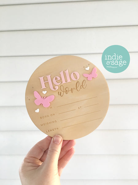 Hello World Birth Announcent Plaque - Two Tone Pink butterfly design