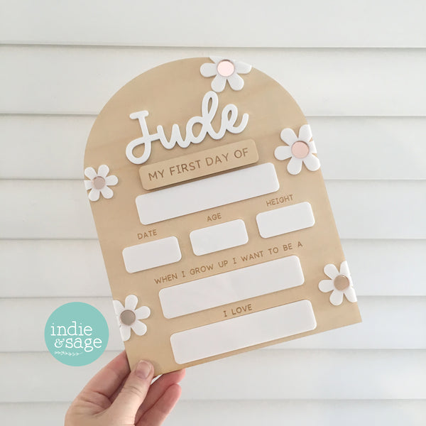 XL Back To School Board - White and Rose Gold Flowers (Single Name Version)
