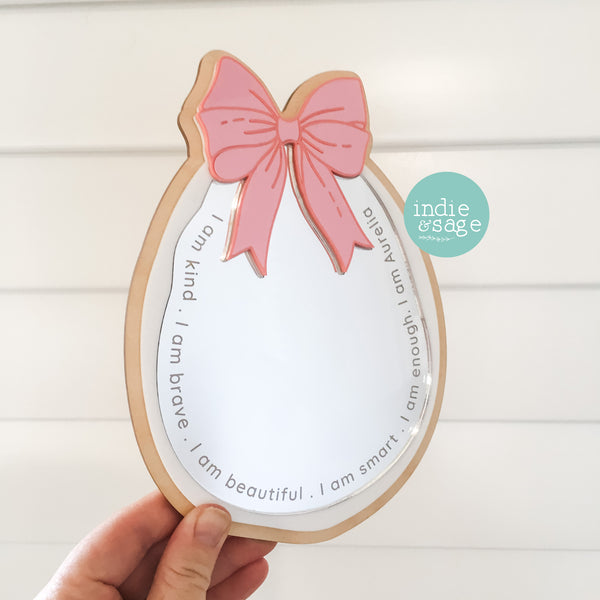 Daily Affirmation Mirror Pink Bow Style - Engraved with your childs name