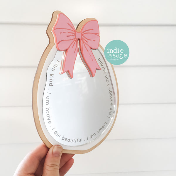 Daily Affirmation Mirror Pink Bow Style - Engraved with your childs name