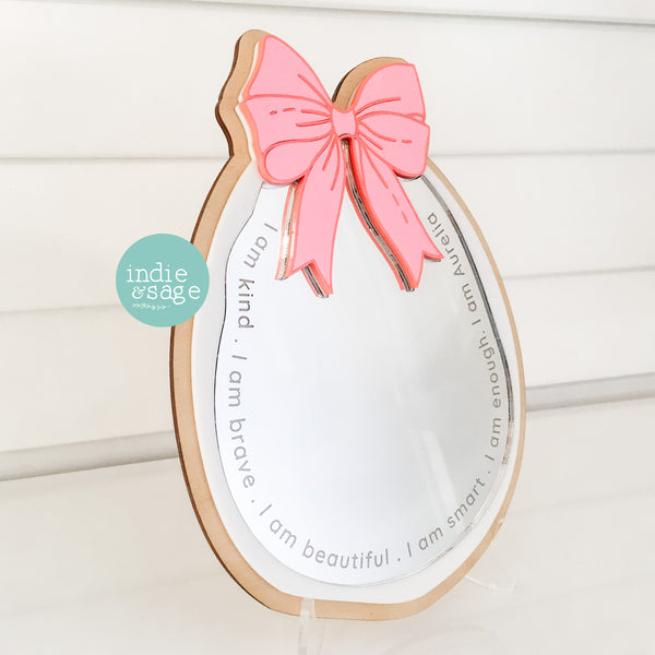 Daily Affirmation Mirror Pink Bow Style - Engraved with your childs name