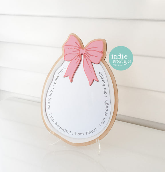 Daily Affirmation Mirror Pink Bow Style - Engraved with your childs name