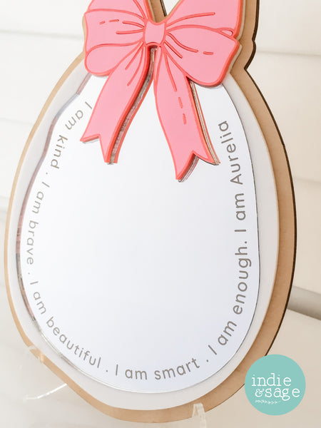 Daily Affirmation Mirror Pink Bow Style - Engraved with your childs name