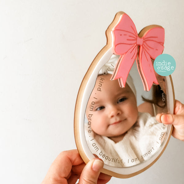 Daily Affirmation Mirror Pink Bow Style - Engraved with your childs name