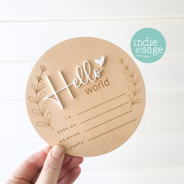 Hello World Personalised Newborn Announcement, Leaf Design