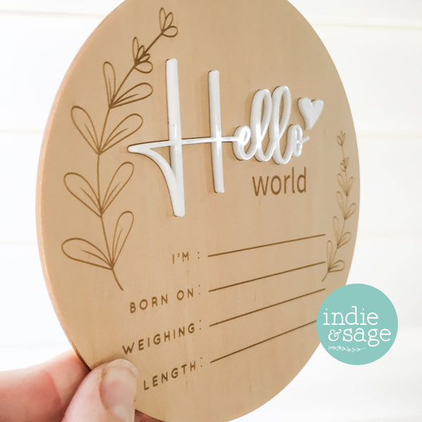 Hello World Personalised Newborn Announcement, Leaf Design