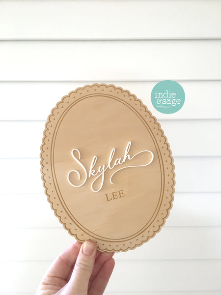 Baby Announcement Name Plaque - Wood & Acrylic Engraved Name Sign with Scalloped Edges