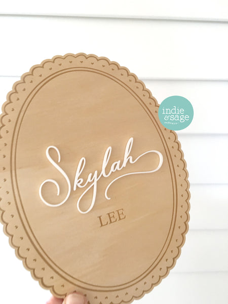 Baby Announcement Name Plaque - Wood & Acrylic Engraved Name Sign with Scalloped Edges