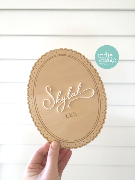Baby Announcement Name Plaque - Wood & Acrylic Engraved Name Sign with Scalloped Edges