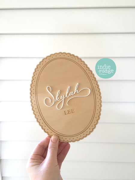 Baby Announcement Name Plaque - Wood & Acrylic Engraved Name Sign with Scalloped Edges