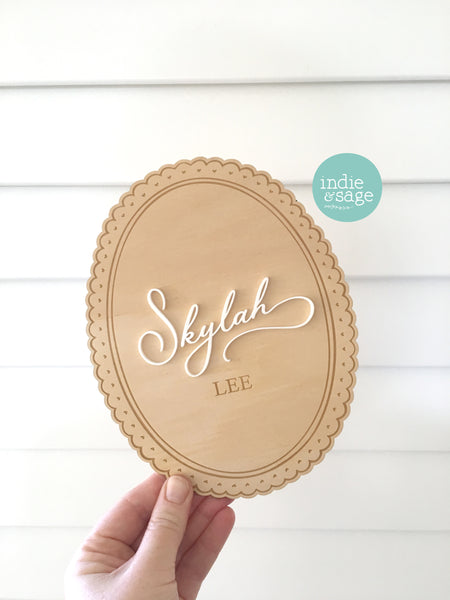 Baby Announcement Name Plaque - Wood & Acrylic Engraved Name Sign with Scalloped Edges