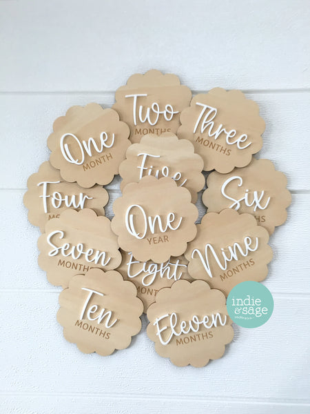 Scalloped Baby Milestone Disc Set - Wood and Acrylic (1 month to 1 year)