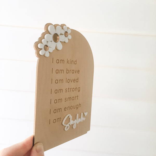 Stunning daily affirmation chart for little girls featuring the words, I am kind, I am brave, I am loved, I am strong, I am smart, I am enough, I am (personalised with their name). Beautiful personalised gift idea.