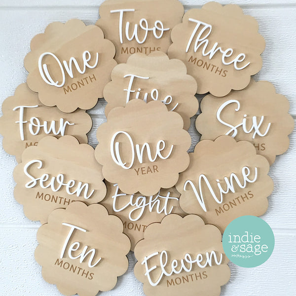 Scalloped Baby Milestone Disc Set - Wood and Acrylic (1 month to 1 year)