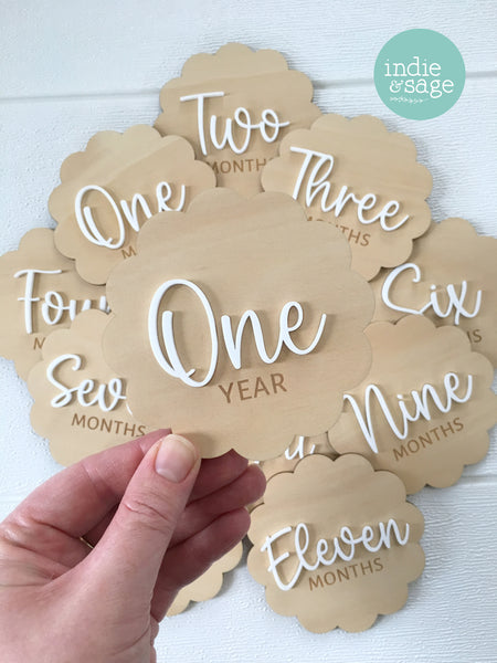 Scalloped Baby Milestone Disc Set - Wood and Acrylic (1 month to 1 year)