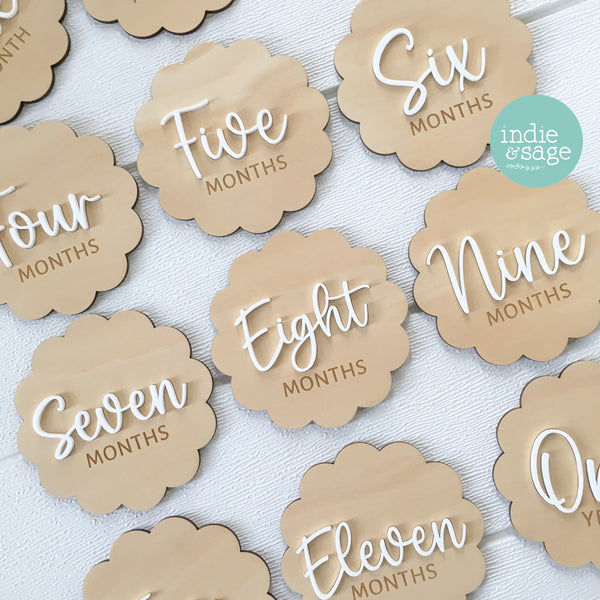 Scalloped Baby Milestone Disc Set - Wood and Acrylic (1 month to 1 year)