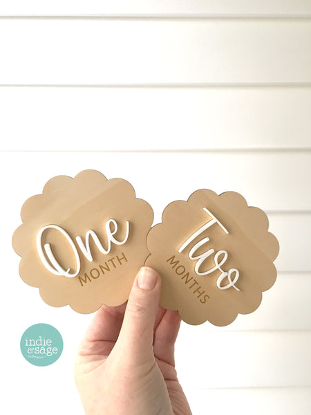 Scalloped Baby Milestone Disc Set - Wood and Acrylic (1 month to 1 year)