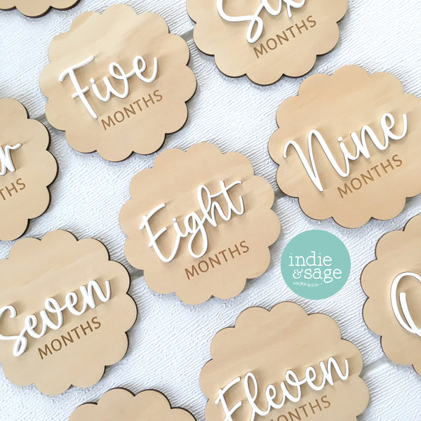 Scalloped Baby Milestone Disc Set - Wood and Acrylic (1 month to 1 year)