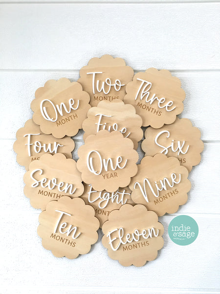Scalloped Baby Milestone Disc Set - Wood and Acrylic (1 month to 1 year)