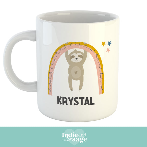 Personalised Rainbow With Hanging Sloth Mug, Add Your Name To The Front & Message To The Back