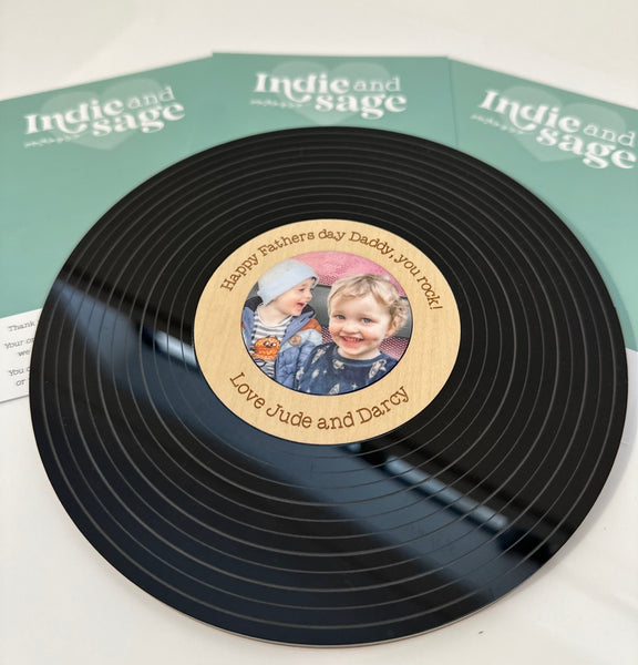 Personalised Vinyl Record featuring your engraved message, photo and tap to listen to a audio/video recording of your kids/choice!