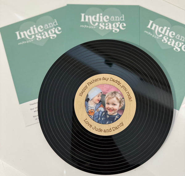 Personalised Vinyl Record featuring your engraved message, photo and tap to listen to a audio/video recording of your kids/choice!