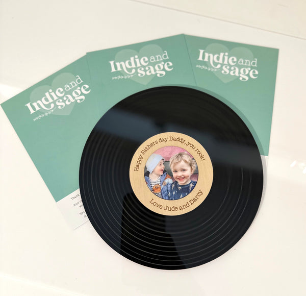 Personalised Vinyl Record featuring your engraved message, photo and tap to listen to a audio/video recording of your kids/choice!