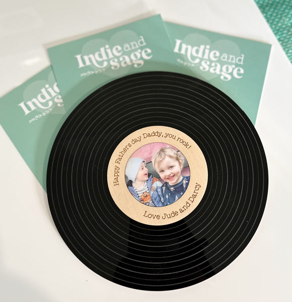 Personalised Vinyl Record featuring your engraved message, photo and tap to listen to a audio/video recording of your kids/choice!