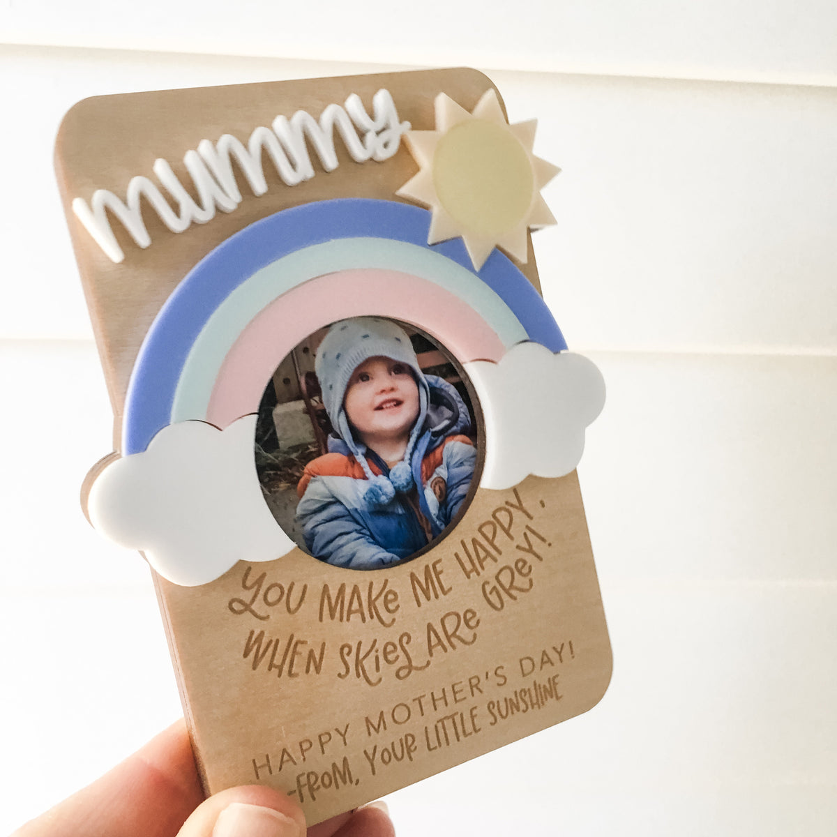 You Make Me Happy When Skies Are Grey Rainbow Personalised Photo Frame (with acrylic name)